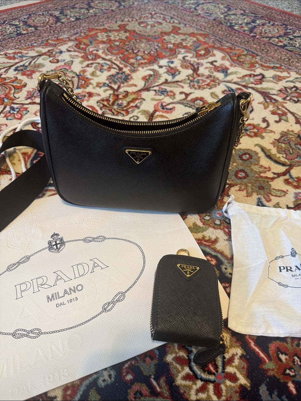 Prada Black Saffiano Leather Crossbody with Gold-Tone Logo